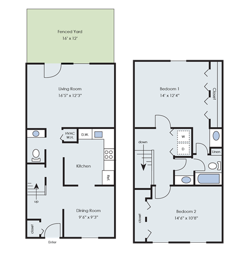 Floor plan for 2 beds, 1.5 baths, 1104 sqft